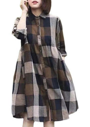 Classy Colorblock Peter Pan Collar Plaid Cotton Shirts Dress Spring