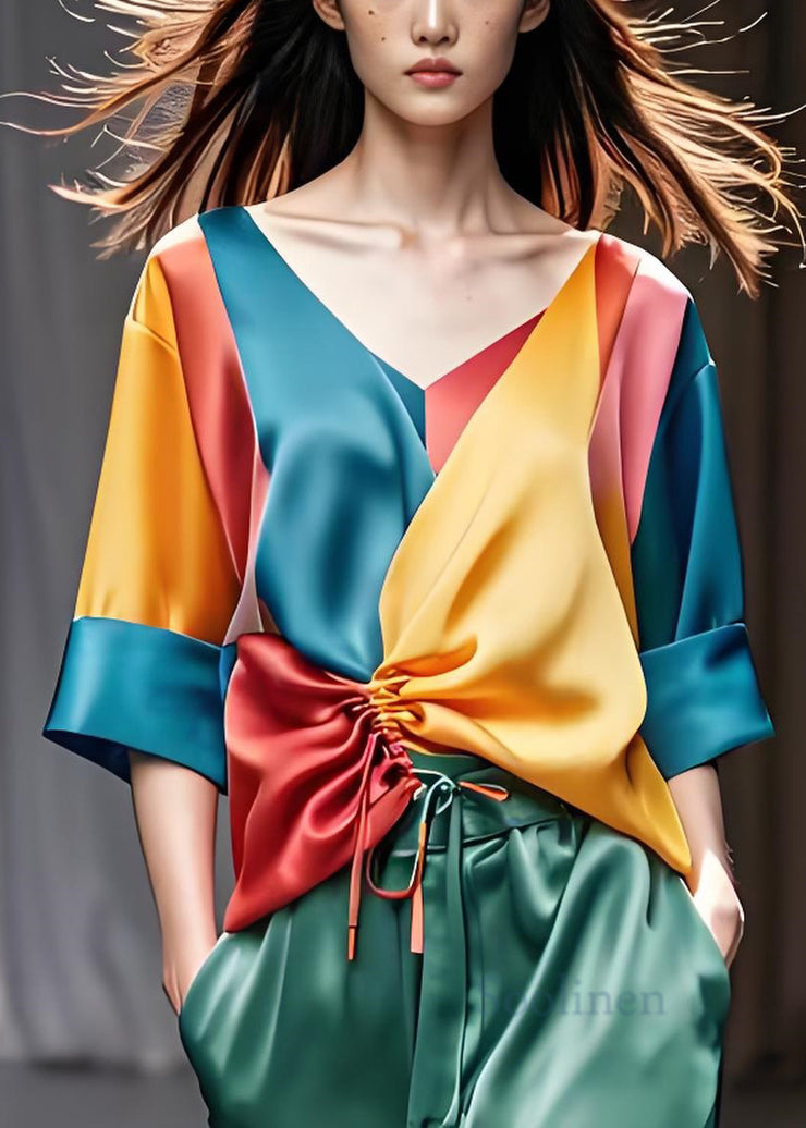 Classy Colorblock V Neck Cinched Patchwork Silk Top Half Sleeve