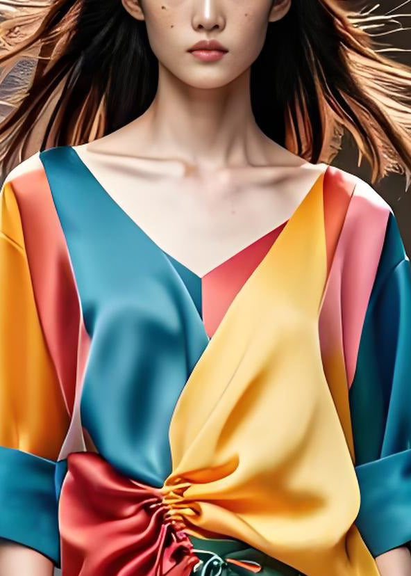 Classy Colorblock V Neck Cinched Patchwork Silk Top Half Sleeve