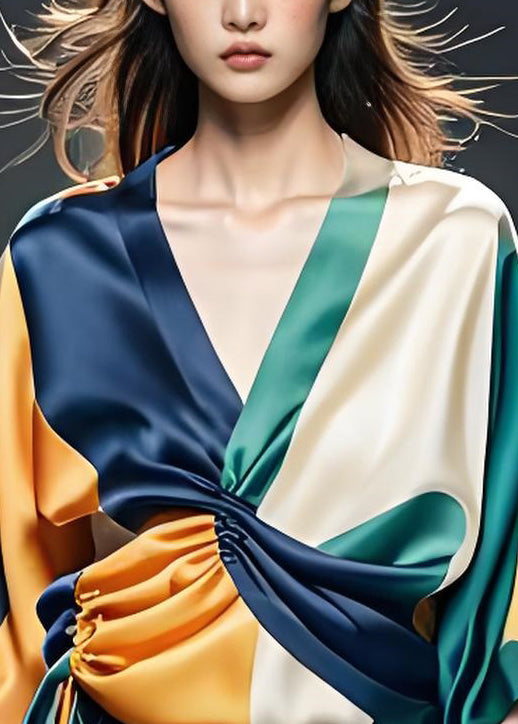 Classy Colorblock V Neck Cinched Silk Blouses Summer