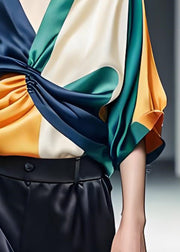 Classy Colorblock V Neck Cinched Silk Blouses Summer