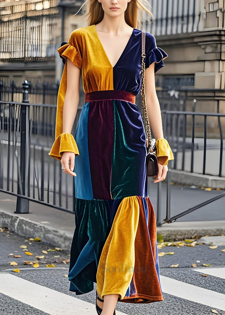 Classy Colorblock V Neck Patchwork Velvet Dress Butterfly Sleeve