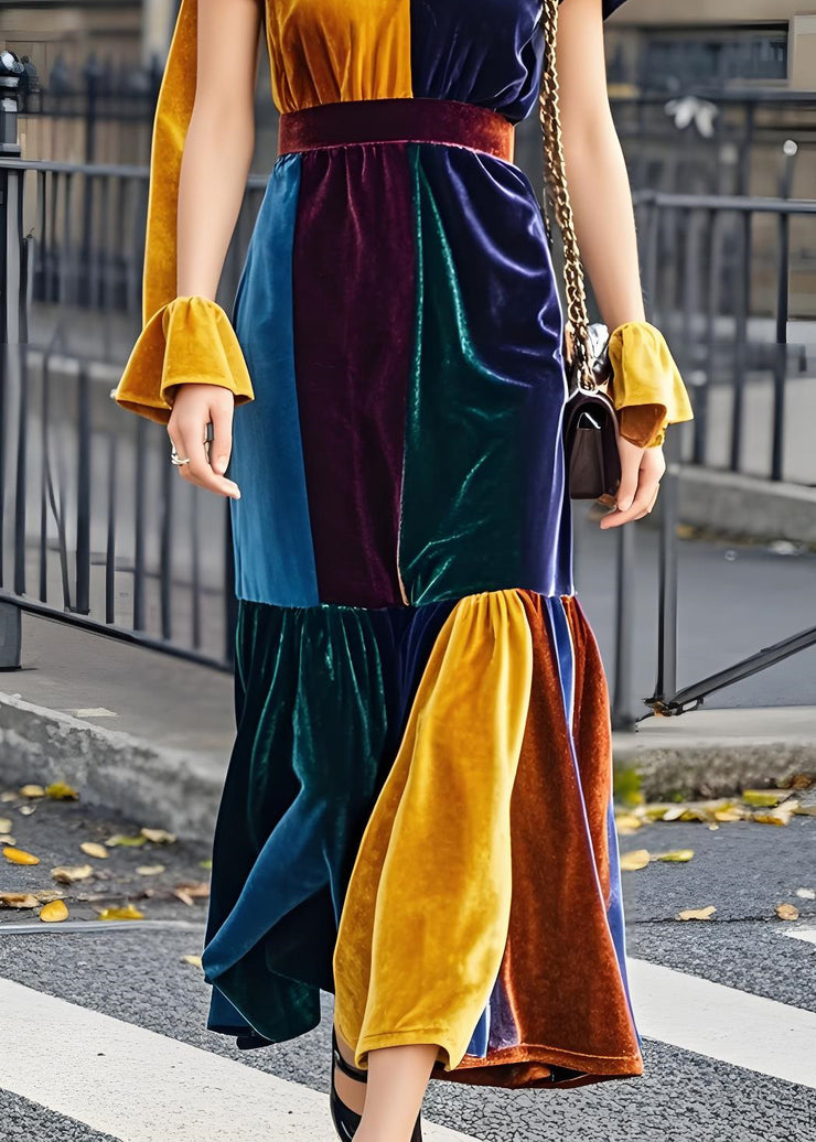 Classy Colorblock V Neck Patchwork Velvet Dress Butterfly Sleeve