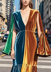 Classy Colorblock V Neck Patchwork Velvet Dresses Fall