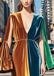 Classy Colorblock V Neck Patchwork Velvet Dresses Fall