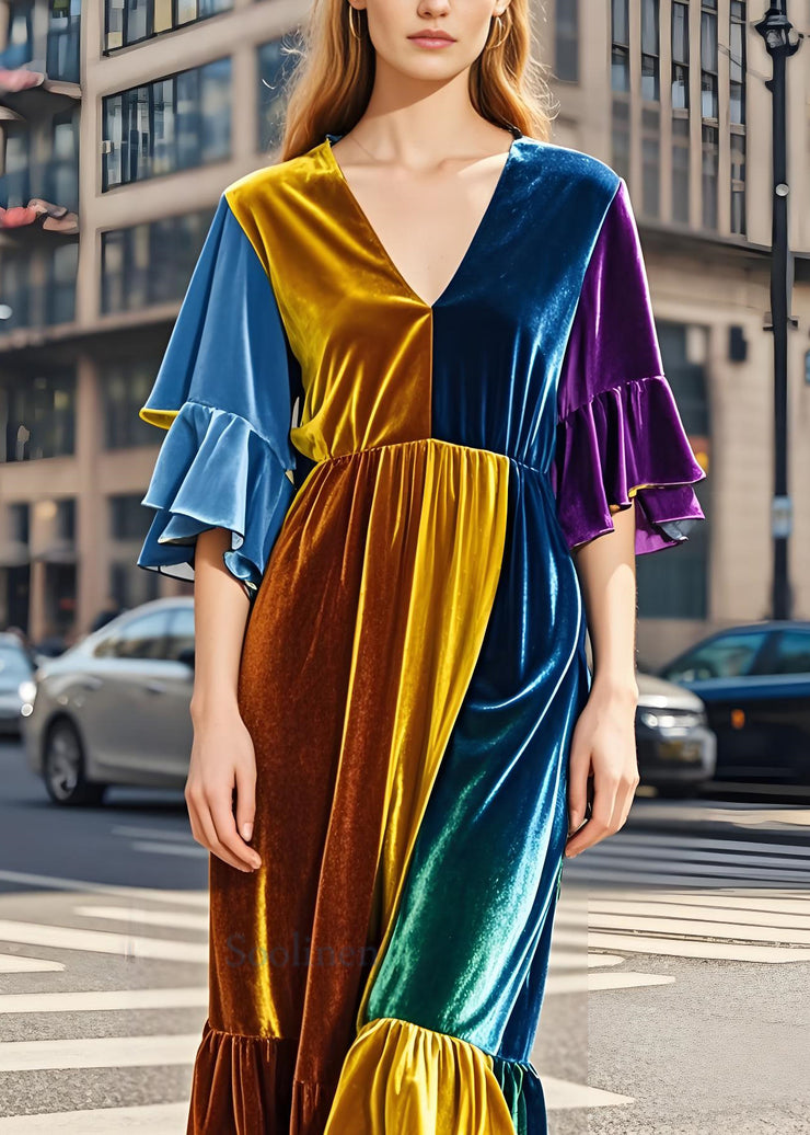 Classy Colorblock V Neck Patchwork Velvet Long Dress Butterfly Sleeve