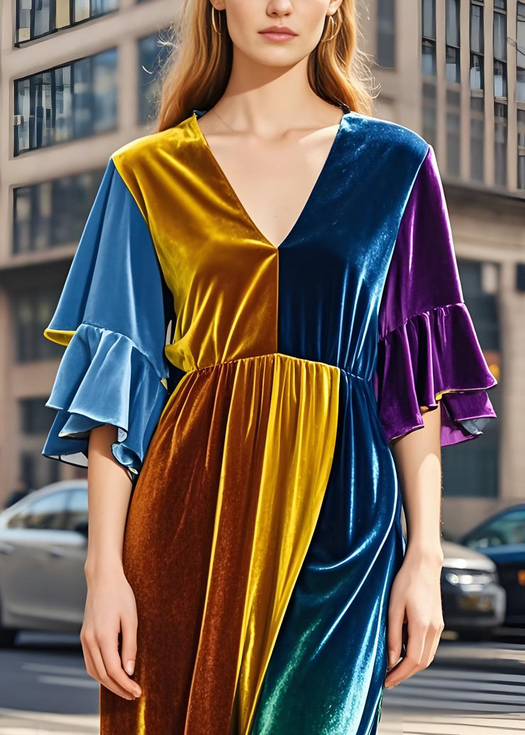 Classy Colorblock V Neck Patchwork Velvet Long Dress Butterfly Sleeve