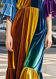 Classy Colorblock V Neck Patchwork Velvet Long Dress Butterfly Sleeve