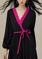 Classy Colorblock V Neck Ruffled Lace Up Patchwork Cotton Dresses Full