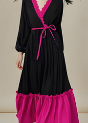 Classy Colorblock V Neck Ruffled Lace Up Patchwork Cotton Dresses Fall