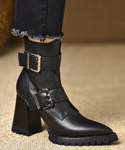 Classy Cowhide Leather Splicing Zippered Chunky Heel Boots Pointed Toe