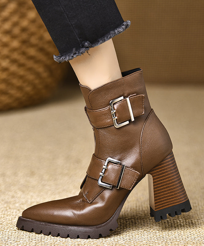 Classy Cowhide Leather Splicing Zippered Chunky Heel Boots Pointed Toe