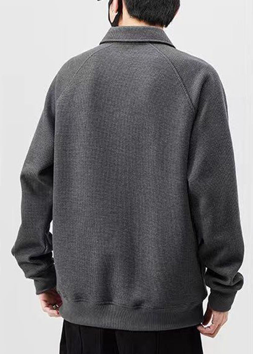 Classy Dark Gray Peter Pan Collar Button Cotton Men Sweatshirts Spring