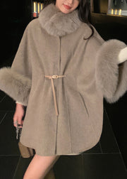 Classy Dark Grey Fox Collar Sashes Woolen Coat Spring