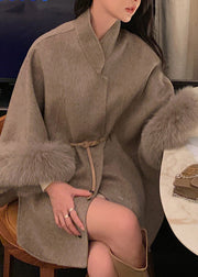 Classy Dark Grey Fox Collar Sashes Woolen Coat Spring