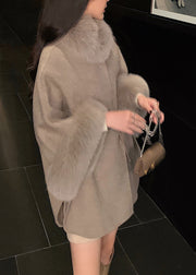 Classy Dark Grey Fox Collar Sashes Woolen Coat Spring