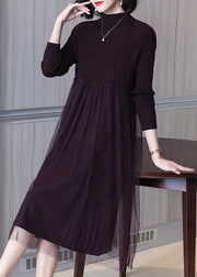 Classy Dark Purple Turtleneck Tulle Patchwork Knit Dress Long Sleeve