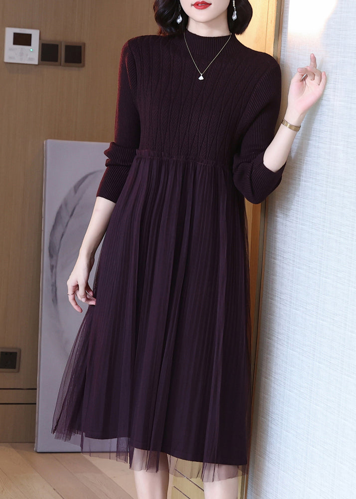 Classy Dark Purple Turtleneck Tulle Patchwork Knit Dress Long Sleeve