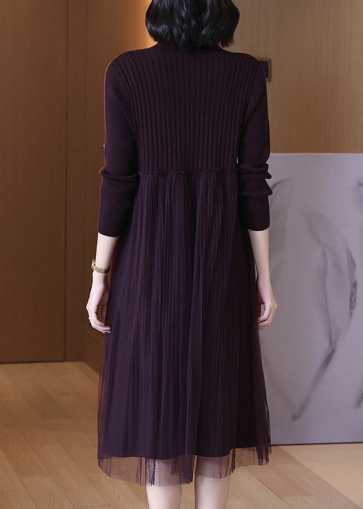 Classy Dark Purple Turtleneck Tulle Patchwork Knit Dress Long Sleeve