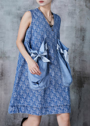 Classy Denim Blue Bow Patchwork Big Pockets Mid Dress Summer