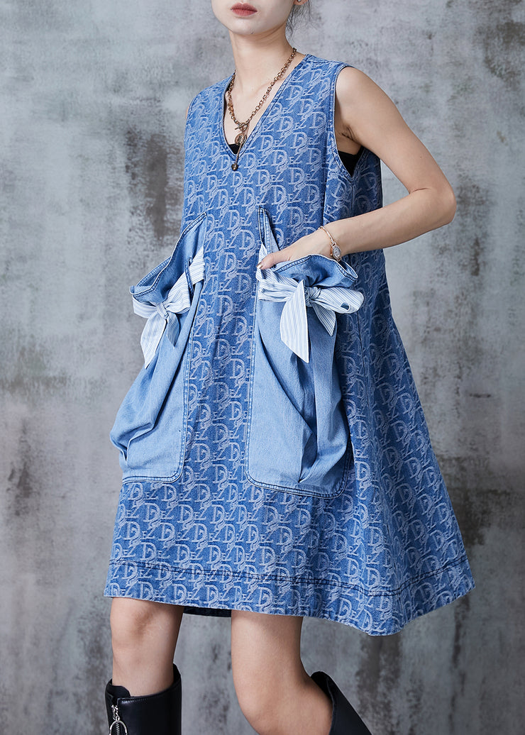 Classy Denim Blue Bow Patchwork Big Pockets Mid Dress Summer