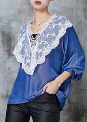 Classy Denim Blue Peter Pan Collar Patchwork Lace Cotton Shirts Spring