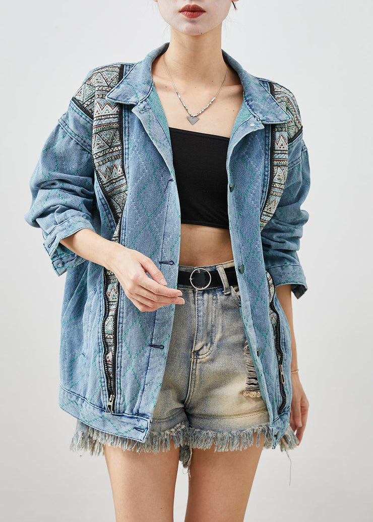 Classy Denim Blue Zip Up Patchwork Cotton Coats Fall