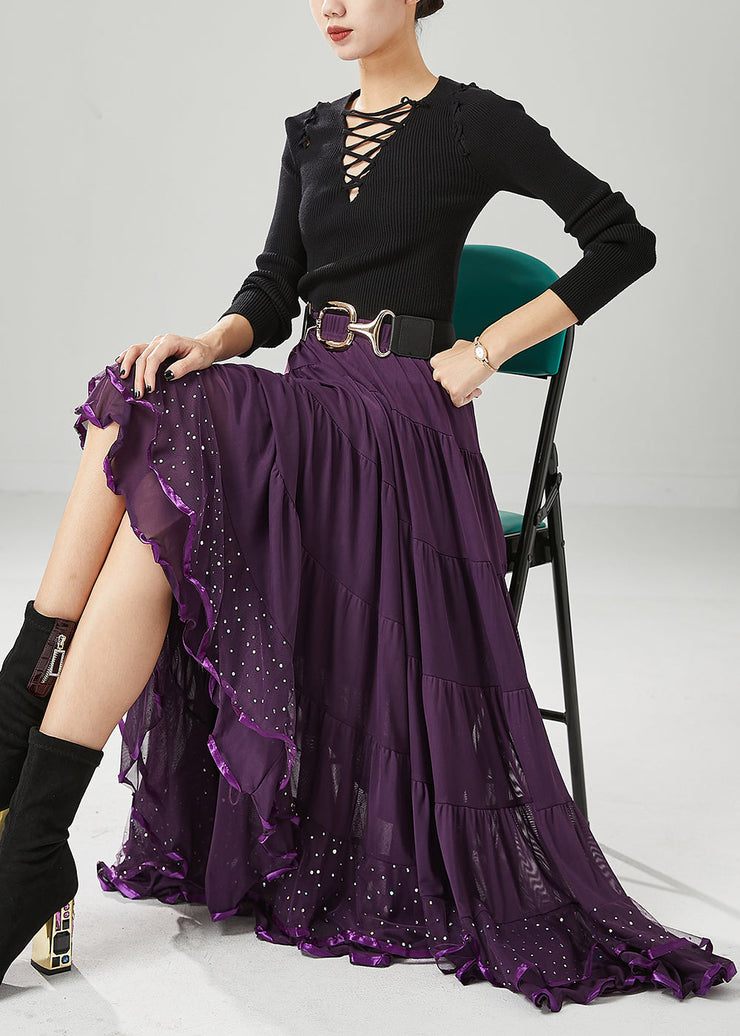 Classy Dull Purple Oversized Patchwork Chiffon Skirts Fall