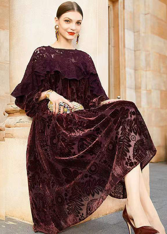 Classy Dull Red Lace Jacquard Patchwork Silk Velour Dresses Fall