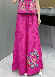 Classy Embroideried High Waist Pockets Patchwork Silk Wide Leg Pants Fall