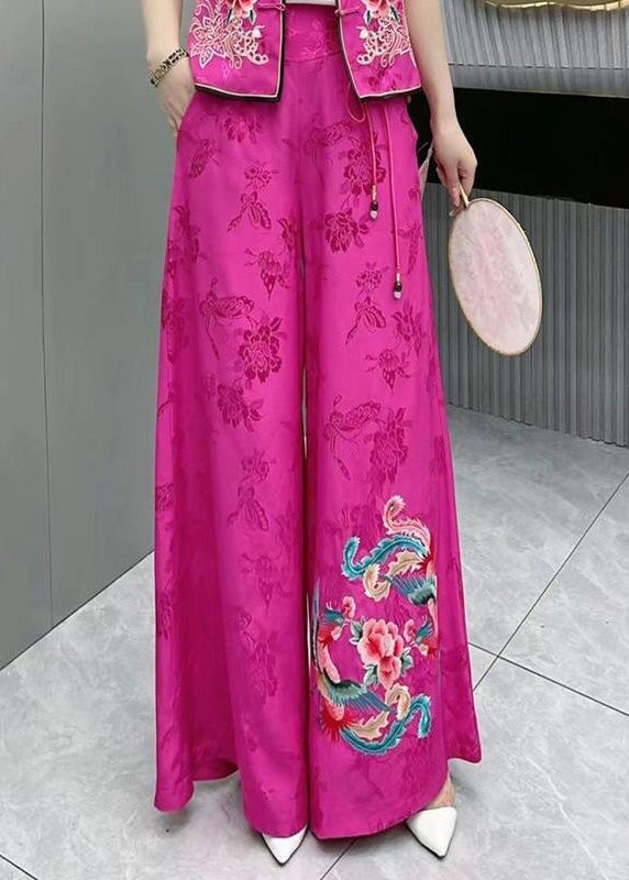 Classy Embroideried High Waist Pockets Patchwork Silk Wide Leg Pants Fall