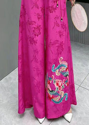 Classy Embroideried High Waist Pockets Patchwork Silk Wide Leg Pants Fall