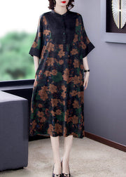 Classy Floral Stand Collar Button Patchwork Silk Dresses Summer