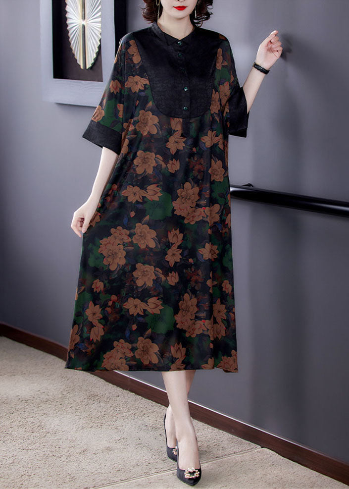 Classy Floral Stand Collar Button Patchwork Silk Dresses Summer