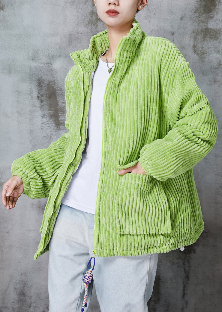 Classy Fluorescent Green Pockets Thick Fine Cotton Filled Corduroy Jacket Winter