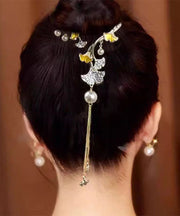 Classy Gold Alloy Zircon Ginkgo Leaves Tassel Hairpin