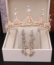 Classy Gold Alloy Zircon Pearl Crystal Floral Water Drop Three Piece Set Girl Crown