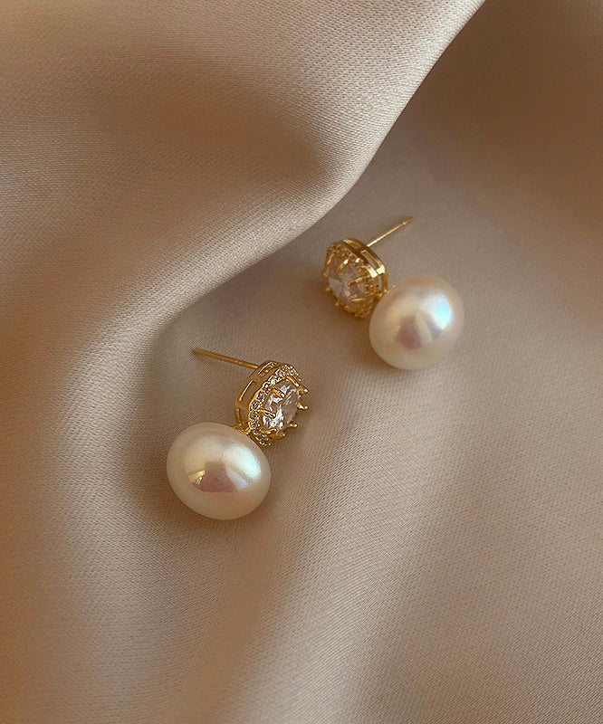 Classy Gold Copper Overgild Pearl Stud Earrings