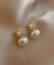 Classy Gold Copper Overgild Pearl Stud Earrings