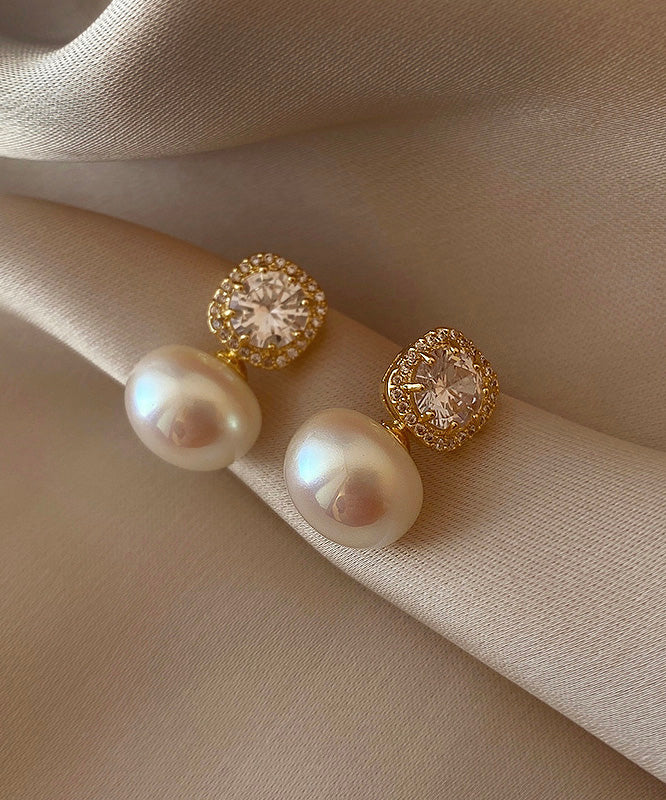 Classy Gold Copper Overgild Pearl Stud Earrings