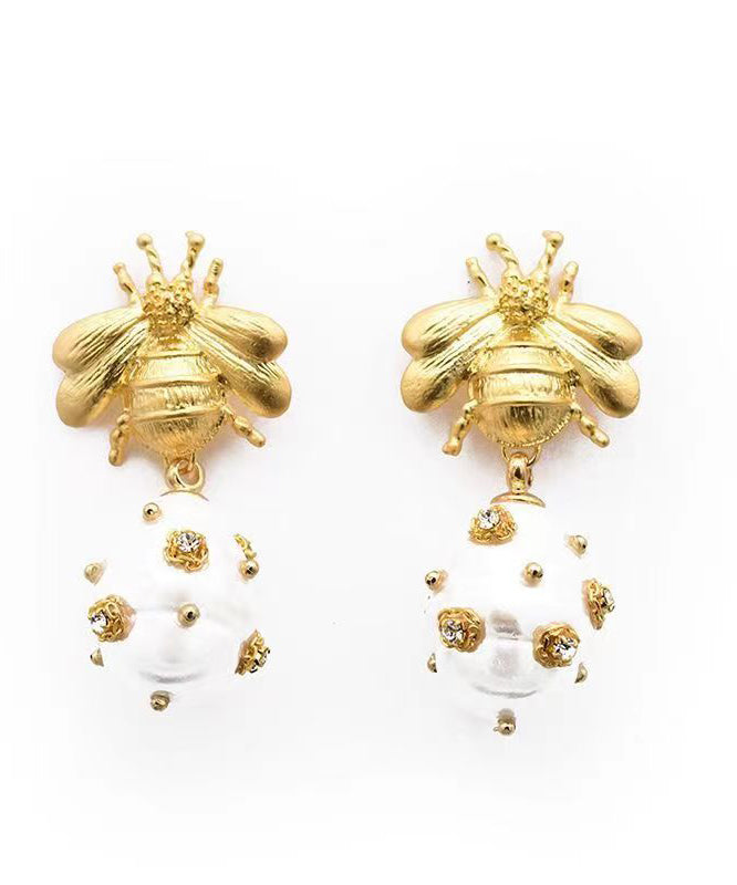 Classy Gold Copper Overgild Zircon Bee Pearl  Drop Earrings