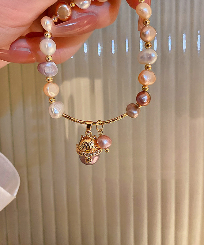 Classy Gold Copper Zircon Pearl Lucky Cat Charm Bracelet