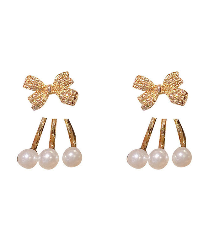 Classy Gold Sterling Silver Pearl Zircon Bow Drop Earrings