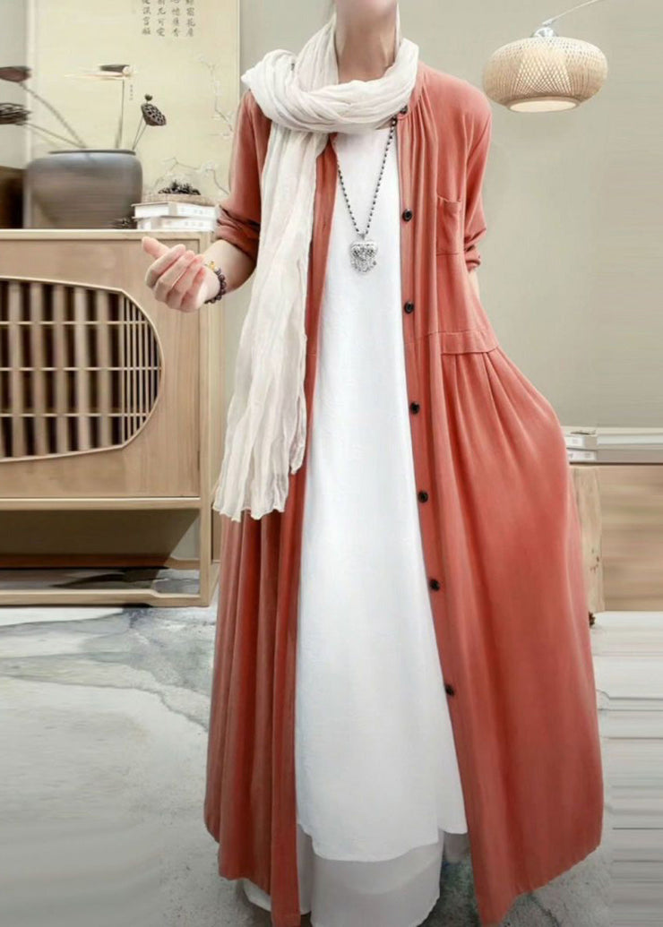 Classy Grass Green V Neck Button Long Linen Trench Coats Spring