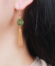 Classy Green 14K Gold Jade Tassel Drop Earrings