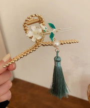 Classy Green Alloy Pearl Camellia Flower Tassel Hairpin