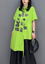 Classy Green Asymmetrical Print Button Shirts Short Sleeve