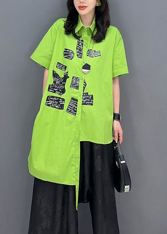 Classy Green Asymmetrical Print Button Shirts Short Sleeve