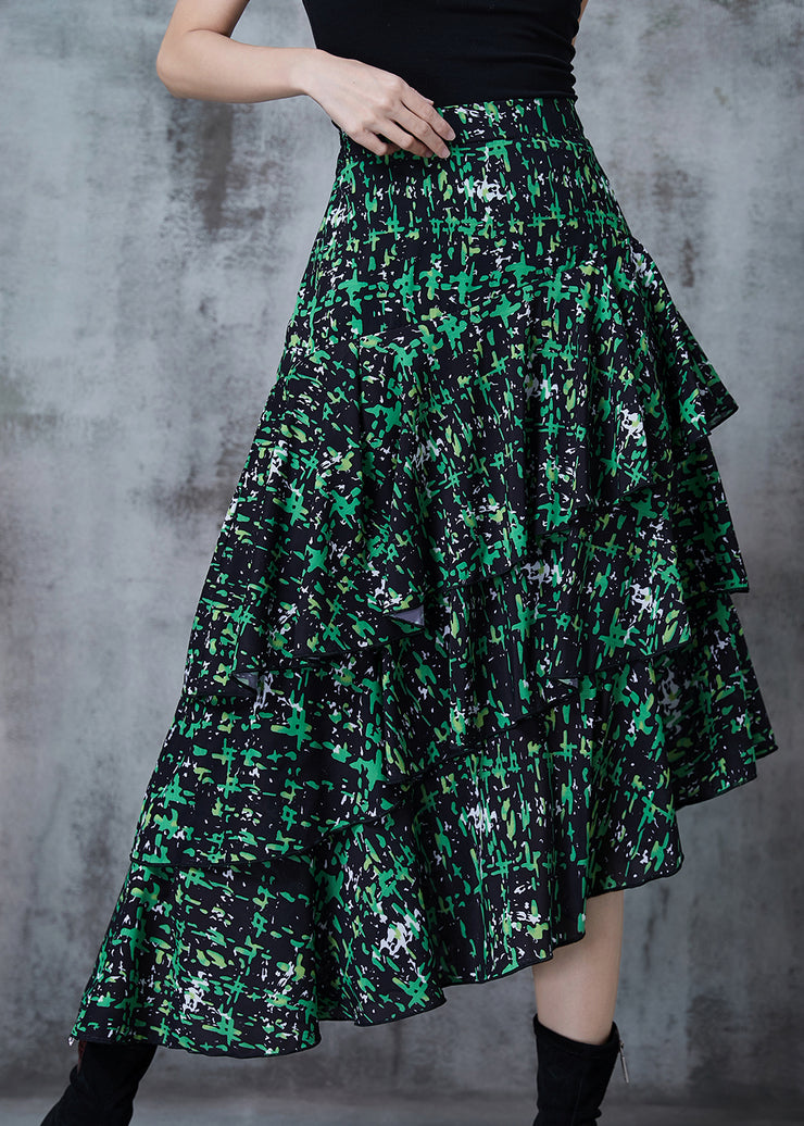 Classy Green Asymmetrical Print Chiffon Skirt Spring