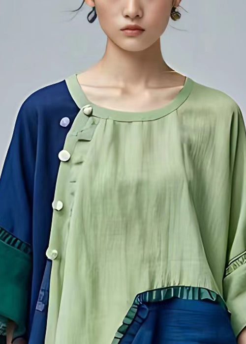 Classy Green Asymmetrical Ruffled Cotton Blouse Half Sleeve
